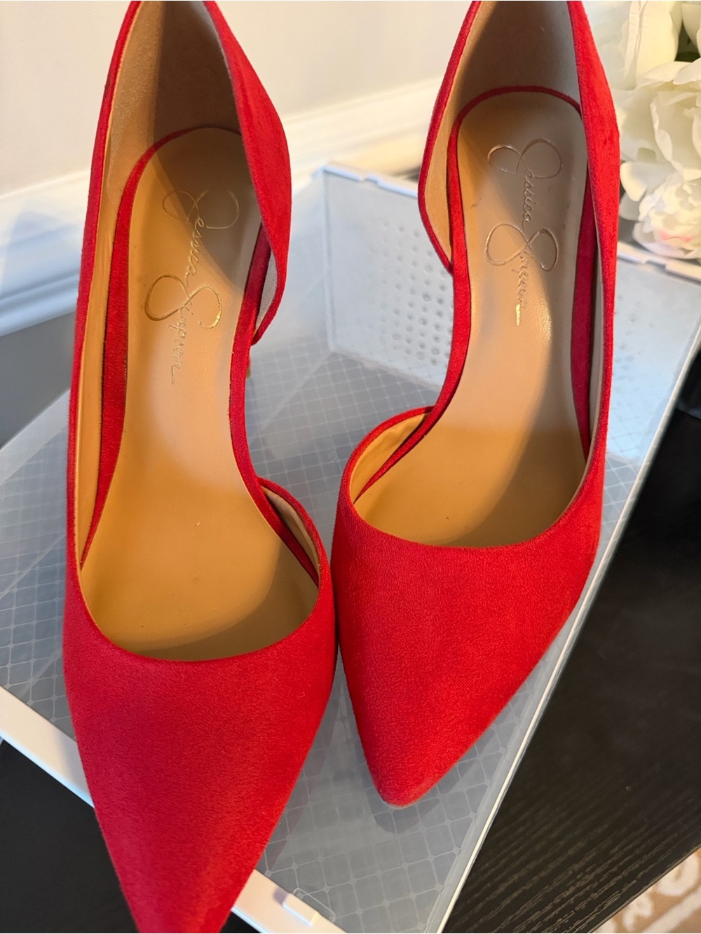 Women's Red Suede Jessica Simpson Pointed-Toe 4” Stiletto Pumps